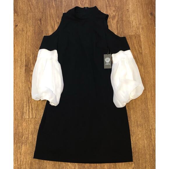 Vince Camuto Black Cold Shoulder White Chiffon Sleeves Dress Size Small - Picture 3 of 13